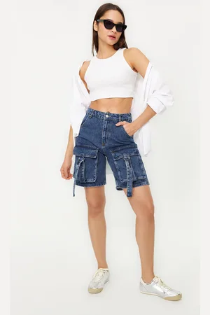 Trendyol Blue Cargo Pocket Regular Waist Denim Bermuda