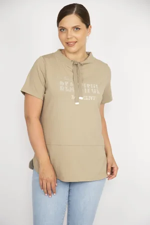 sans Dámská mikina , velbloudí barvy, plus size, s límcem, šněrováním a kamínkovými detaily