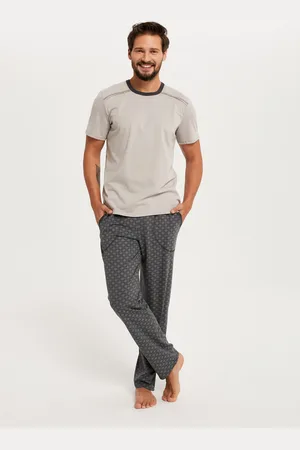 Italian Fashion Pánské pyžamo Abel, krátký rukáv, dlouhé nohavice - béžová/potisk