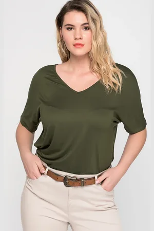 sans Dámská tunika Šans ve velikosti plus z khaki viskózy s nízkým výstřihem na zádech