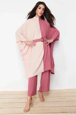 Trendyol Pale Pink Color Block Waist Belted Tunic-Pants Woven Suit