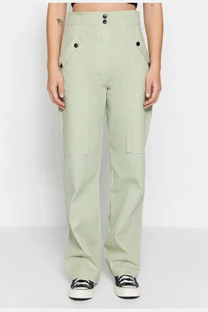 Trendyol Light Khaki Cargo tkané knoflíkové detailní bavlněné kalhoty