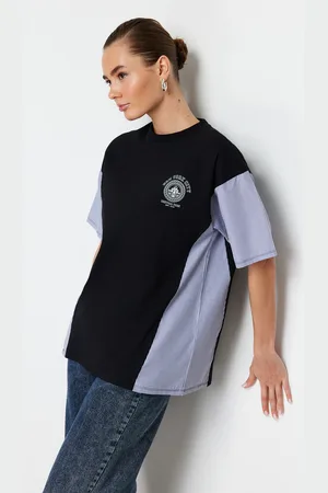Trendyol Black Oversize/Wide Fit Poplin Detailed Printed Knitted T-Shirt