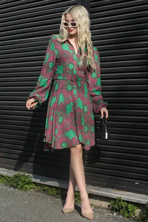 MADMEXT Green Floral Patterned Shirt Collar Mini Dress
