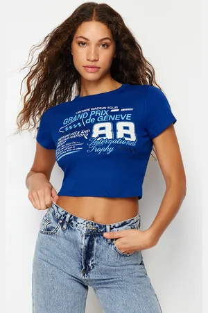 Trendyol Saks 100 Cotton Slogan Printed Fitted Crop Knitted T-Shirt