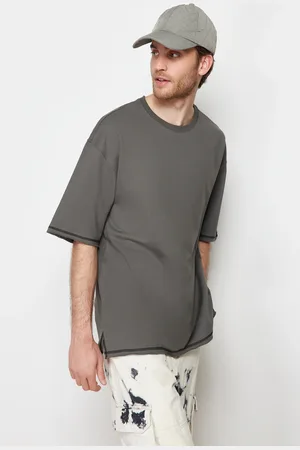 Trendyol Anthracite Oversize Stitching Detailed 100% Cotton T-Shirt