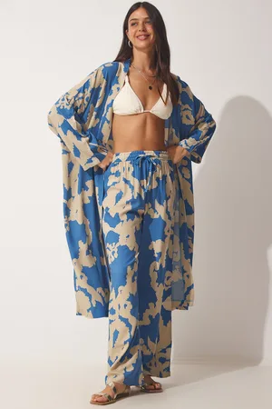 Happiness istanbul Štěstí İstanbul Dámský modro-béžový vzorovaný viskózový kimono palazzo kalhotový oblek