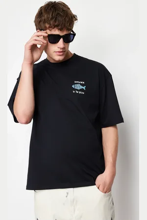 Trendyol černé oversize/široké tričko s potiskem z 100% bavlněného sametu