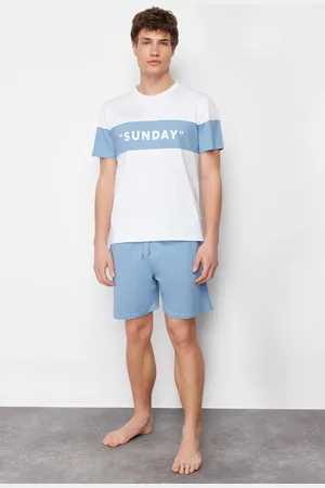 Trendyol Blue Regular Fit Motto Printed Knitted Shorts Pajamas Set