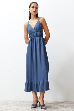 Trendyol Indigo Straight Skirt Ruffled V-Neck Strap Maxi Ribbed Flexible
