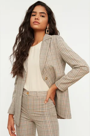 Trendyol Beige Woven Lined Plaid Blazer Jacket