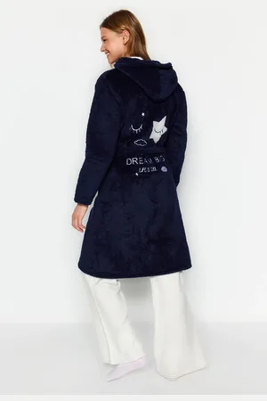 Trendyol Navy Blue Belted Back Embroidery Detailed Hooded Wellsoft Winter Knitted Dressing Gown