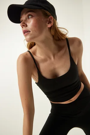 Happiness istanbul Black Thin Strap Knitted Sports Bra