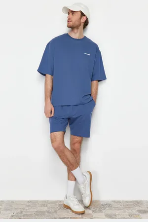 Trendyol Indigo Tracksuit Set Oversize Text Printed 100% Cotton