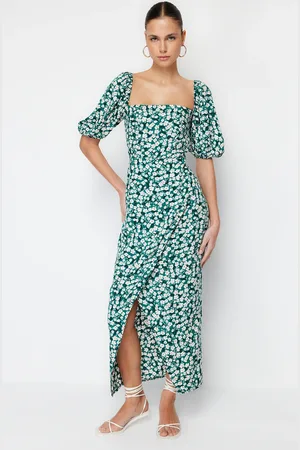 Trendyol Green Floral Balloon Sleeve Viscose Midi Woven Dress