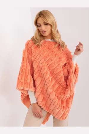 Wool Fashion Italia Oranžové hřejivé pončo s eko kožešinou