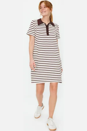 Trendyol Brown and White Striped Polo Neck A-Line/A-Line Form Knitted Dress