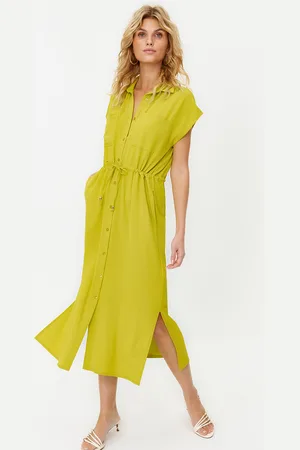 Trendyol Green Gathered Waist Pocket Detailed Aerobin Midi Woven Dress