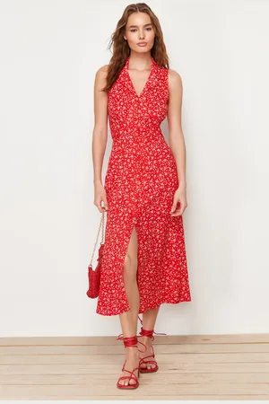 Trendyol Red Floral Viscose Midi Woven Dress