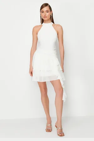 Trendyol Bridal White A-Line Ruffled Woven Short Wedding/Wedding Elegant Evening Dress