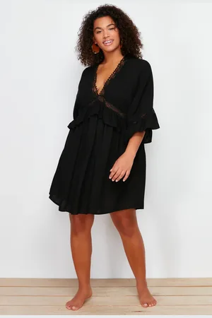 Trendyol Curve Black Sleeve Ruffle Lace Strip Detail Mini Plus Size Beach Dress