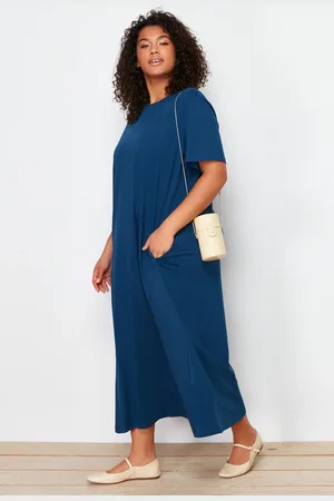 Trendyol Curve Navy Blue Midi 100% Cotton Knitted T-shirt Dress