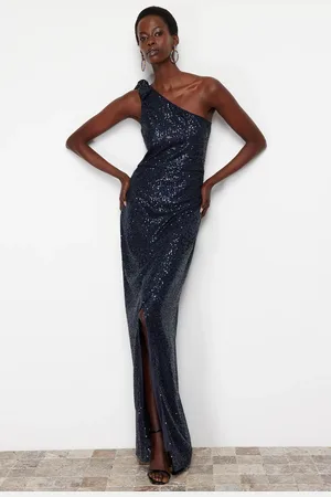 Trendyol Navy Blue Single Sleeve Knitted Sequin Long Elegant Evening Dress
