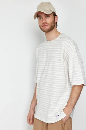 Trendyol Krémové oversize/široké pruhované tričko s krátkým rukávem a texturou