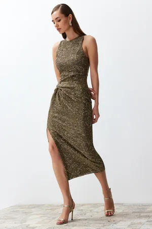 Trendyol Gold Fitted Knitted Shiny Sequin Knitted Sequin Elegant Evening Dress