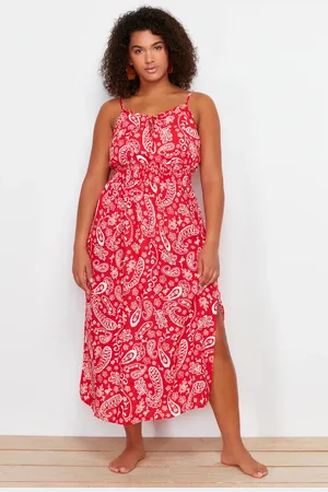 Trendyol Curve Multicolored Ethnic Patterned Strappy Woven Beach Dress with Elastic Waist