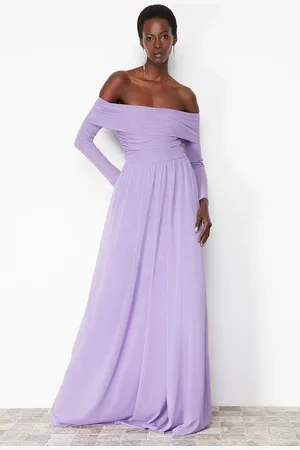 Trendyol Lilac A-Cut Carmen Neckline Knitted Tulle Long Evening Evening Dress