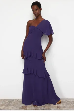 Trendyol Purple A-Cut Ruffled Woven Long Evening Dress
