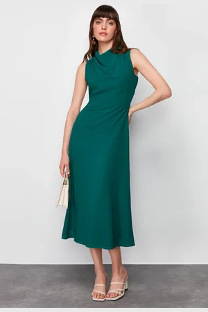 Trendyol Emerald Green Degaje Collar Skirt Cut Detail Midi Woven Dress