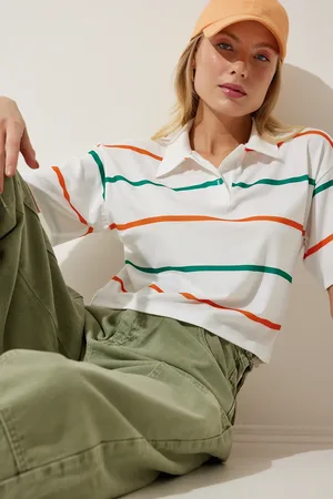 Happiness istanbul Women Ecru Orange Polo Neck Striped Short Knitted T-Shirt