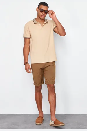 Trendyol Béžové Slim/Fitness 100% Bavlněné Tričko s Límcem