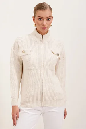 Bigdart 15862 Pocket Detailed Zippered Knitwear Cardigan - Ecru