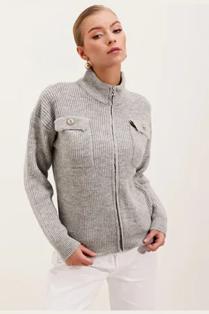 Bigdart 15862 Pocket Detailed Zippered Knitwear Cardigan - Gray