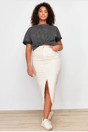 Trendyol Curve Ecru Front Slit Detailed Midi Denim Skirt