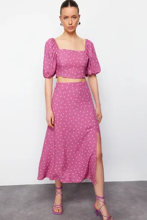Trendyol Plum Slit Midi Viscose Woven Polka Dot Blouse-Skirt Set
