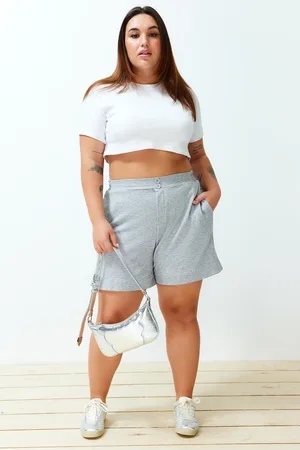Trendyol Curve Grey Button Detail 100% Cotton Knitted Plus Size Shorts & Bermudas