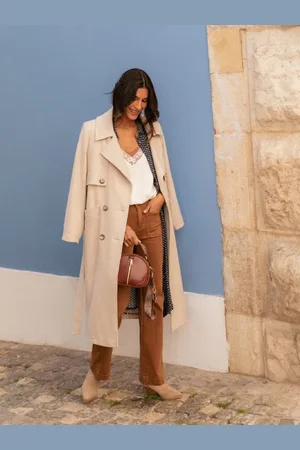 BLUE Beige double-breasted coat with belt