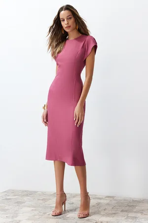Trendyol Dusty Rose Bodycon Low Sleeve Crew Neck Midi Pencil Skirt Woven Dress