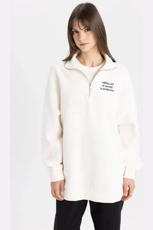 DeFacto Regular Fit Thick Sweatshirt Fabric Polo Collar Slogan Pattern Sweat Tunic