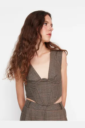 Trendyol Hnědý dámský kostkovaný crop top - Dámské