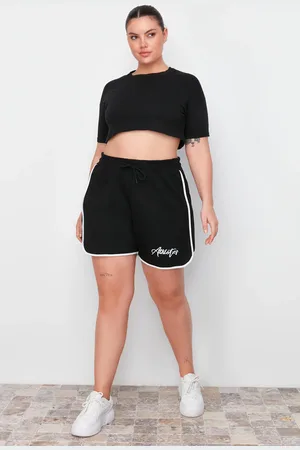 Trendyol Curve Black Slogan Printed Piping Detailed Knitted Plus Size Shorts & Bermuda