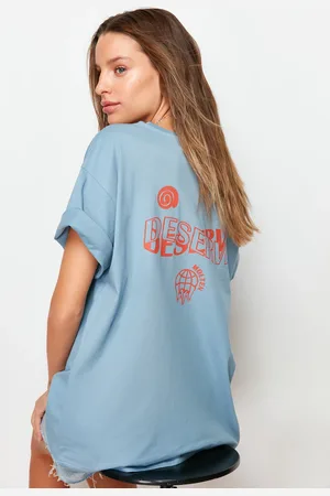 Trendyol Indigo 100% Cotton Slogan Printed on the Back Boyfriend Fit Crew Neck Knitted T-Shirt