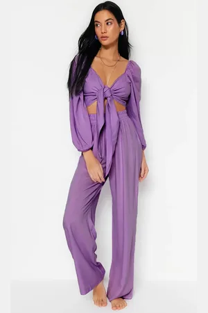 Trendyol Lilac Woven Tie Blouse and Pants Suit