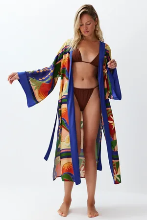Trendyol Abstract Patterned Belted Maxi Woven Kimono & Kaftan