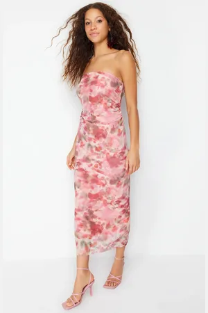 Trendyol Pink Gathered Abstract Patterned Bodycon Maxi Stretch Knit Pencil Dress
