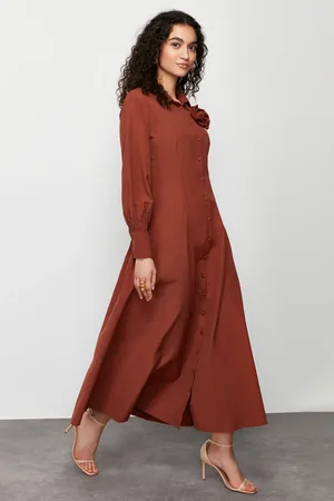 Trendyol Brown Floral Detailed Buttoned Woven Shirt Dress